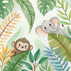 Hand-painted jungle leaves pattern with baby animals hidden between foliage, soft watercolor style