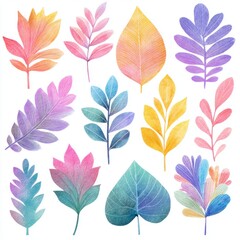 Fototapeta premium Vibrant Collection of Watercolor Leaves and Flowers in Various Colors and Shapes for Artistic and Creative Projects