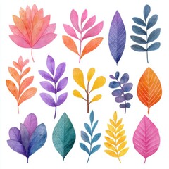 Obraz premium Vibrant Watercolor Leaves Collection in Various Shapes and Colors for Creative Projects and Nature-Inspired Designs