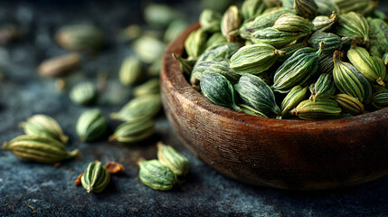 Closeup of green cardamom pods in a wooden bowl on a textured surface.