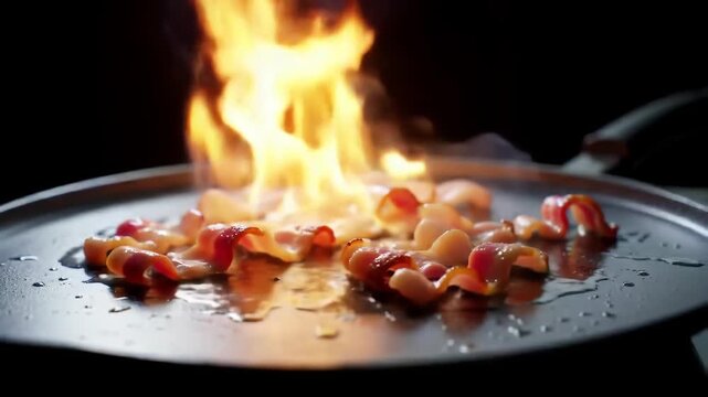 Sizzling bacon strips cook on a flat griddle amidst rising flames against a stark black backdrop