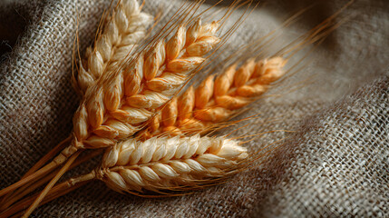 Closeup of golden wheat stalks on a textured burlap background.