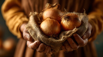 Closeup of hands holding a burlap sack with fresh onions.