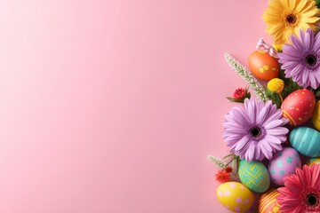 Colorful Easter eggs and vibrant flowers cascade against a soft pink background