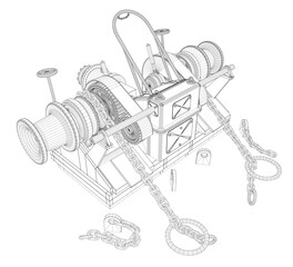 3D wireframe model of a ship's windlass winch with a detailed chain mechanism. The technical illustration is isolated on a white background for clarity.