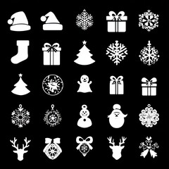 Christmas-themed icons featuring hats, gifts, trees, snowflakes, ornaments, stockings, and holiday decorations on black background