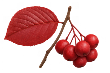 Red aronia berries on a cluster with a vibrant red autumn leaf, showing seasonal plant elements with transparent background