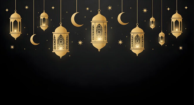 Elegant golden lanterns, crescent moons, and sparkling stars illuminate a dark background, evoking a festive Islamic celebration.
