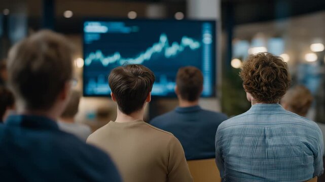 Corporate team gathered in sleek office setting, watching live NFT auction on massive digital screen, their faces illuminated by animated crypto graphics — representing digital investment trends, - Powered by Adobe