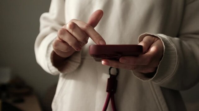 Closeup video of a young woman doom scrolling a smartphone. Addictive behaviour. Modern world problem. Social media marketing. Working through smartphone.