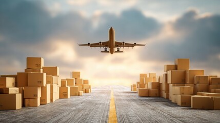 Airplane taking off with stacks of cardboard box along runway. Global shipping and delivery service. Air freight cargo plane for logistic concept.