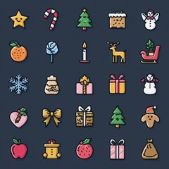 Fototapeta premium Colorful Christmas Icons Collection Featuring Candy Cane, Christmas Tree, Snowman, Reindeer, Gifts, and Festive Decorations