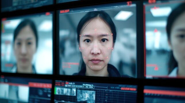 Womans face analyzed on a monitor - Powered by Adobe