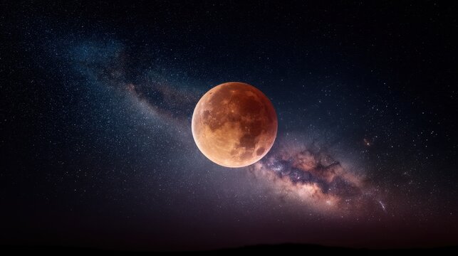 Red supermoon or blood moon in dark night sky with milky way. Beautiful deep space and nebulae for astronomy and cosmic theme.