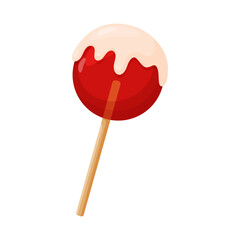 Red round lollipop, dipped in white frosting or glaze, on stick. Colorful flat style vector illustration. For holiday treats, festive graphics, winter celebration themes, childrens designs, sweet food