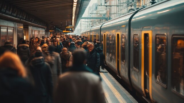 Crowd of people waiting on a platform for a subway train. Busy public transport scene for urban concept and commuter lifestyle.