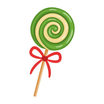 round ollipop with green and white spiral stripe, tied with red ribbon bow on stick. Colorful flat style. Ideal for holiday treats, festive graphics, winter celebration themes, and childrens designs