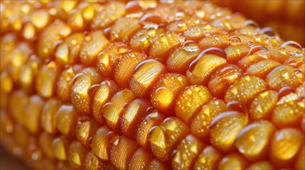 Close up of fresh corn on the cob with sparkling water drops. Healthy food concept for organic and natural eating. Summer harvest.