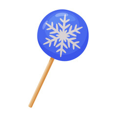 Round flat blue lollipop with white snowflake on stick. Colorful flat style vector illustration. For holiday treats, festive graphics, winter celebration themes, childrens designs, food advertising