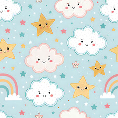 Kawaii clouds and stars pastel sky pattern, seamless kids wallpaper style