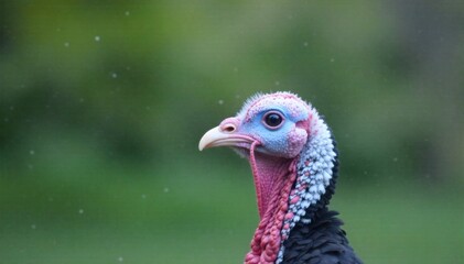 Turkey peering through a window, curiosity, domestic animal A single turkey s head and neck are visible through a clear glass window. The turkey s eye is in sharp focus, looking out. Soft, natural