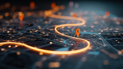 Glowing orange line showing navigation or route on abstract map with pin pointer. Direction concept for travel, logistics, or delivery.