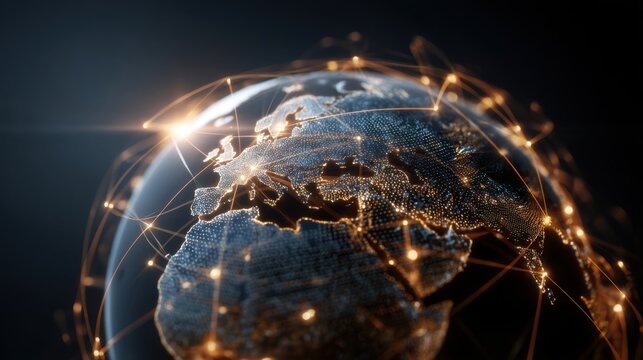 Digital globe with glowing connection lines representing global communication and network. Internet, technology, and business concept.