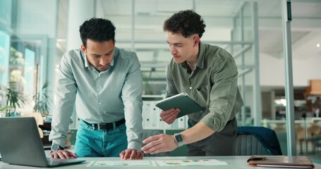 Paperwork, tablet and planning with business men for insurance data, risk management or idea. Document, tech and brokers in office meeting for coverage chart, team proposal or strategy discussion - Powered by Adobe