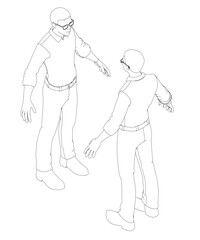 Two African men in a stylized black and white drawing converse while standing side by side. One man wears glasses and gestures towards the other in a thoughtful pose.