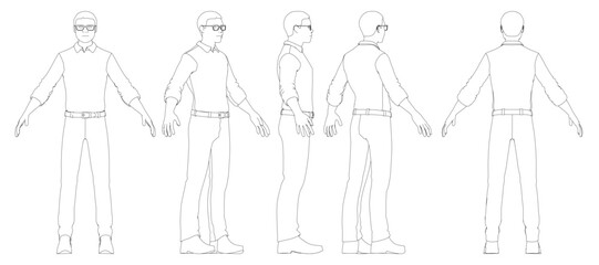 Stylized African male in glasses and suit strikes four confident poses. The minimalist line drawing features a white background and relaxed posture.