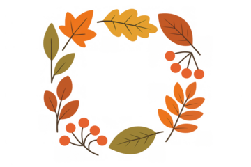 Autumnal round frame with season changing leaves and red berries. Decorative illustration for designs and concepts. Transparent background