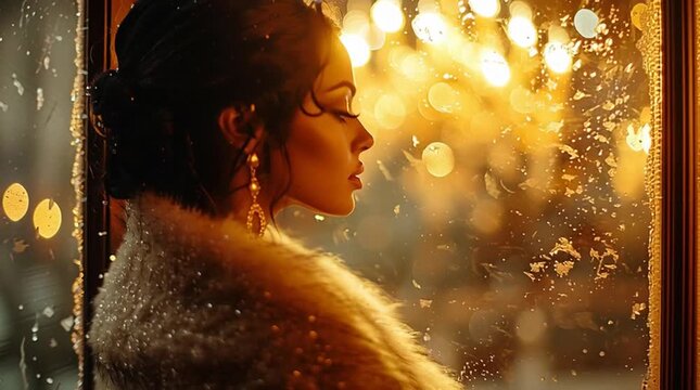 Solitude in the Warmth: A pensive individual gazes wistfully through a frosted window, enveloped in the gentle glow of a warm, inviting interior and dreamy Bokeh lights.