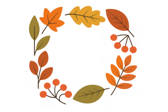 Autumnal round frame with season changing leaves and red berries. Decorative illustration for designs and concepts. Transparent background