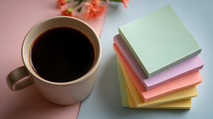 Coffee Cup and Colorful Sticky Notes on a Desk.