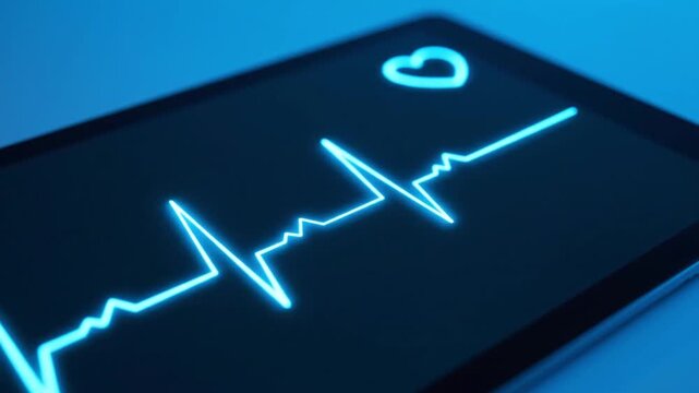 A vibrant blue neon ECG heartbeat wave pulses across a dark digital screen, depicting a regular heart rhythm. A small heart icon glows above the medical graph, symbolizing health monitoring and cardi