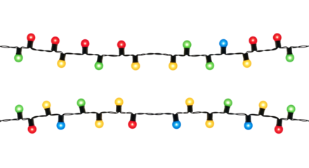 Two strands of colorful christmas lights glowing brightly in the dark isolated on transparent background