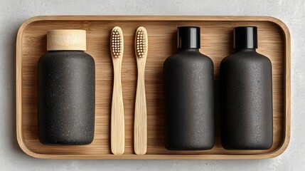 Sleek, top-down view of a modern bathroom accessory tray holding two bamboo toothbrushes and minimalist matte black bottles on a white surface.