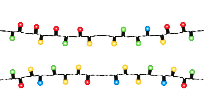 Two strands of colorful christmas lights glowing brightly in the dark isolated on transparent background