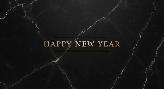 Elegant happy new year greeting on a luxurious black marble background with subtle gold accents and sophisticated typography