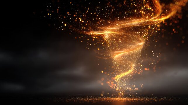 Golden glitter vortex swirling with glowing light on dark background. Abstract particle animation for celebration, luxury, or magical concept.
