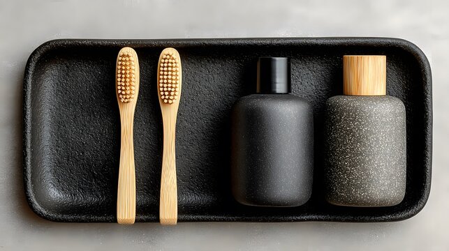 Sleek, top-down view of a modern bathroom accessory tray holding two bamboo toothbrushes and minimalist matte black bottles on a white surface. - Powered by Adobe