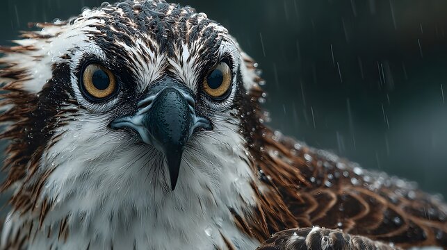 Stunning, sharp portrait of an osprey looking directly into the camera, its intense gaze and detailed, wet feathers captured in fine detail.
