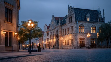 Cobblestone street in old town with illuminated historic building and street lamps at dusk. European architecture for travel background.