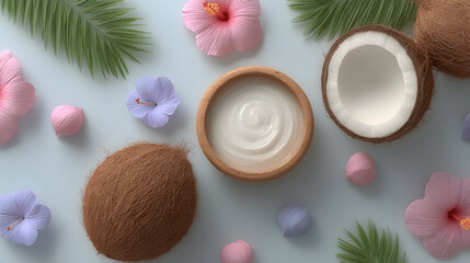 Coconut cream with flowers and coconuts on a light background.