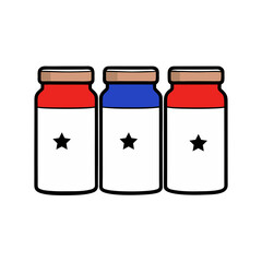Three vials with red blue and white colors and black stars