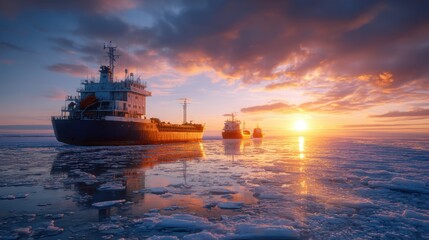 Fototapeta premium Cargo ship on frozen sea with sunrise. Oil tanker fleet sailing through ice. Arctic shipping and logistics. Navigating extreme weather conditions.