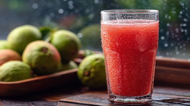 Fresh red guava juice in clear glass with green guavas in background. Refreshing drink for healthy lifestyle and natural nutrition.