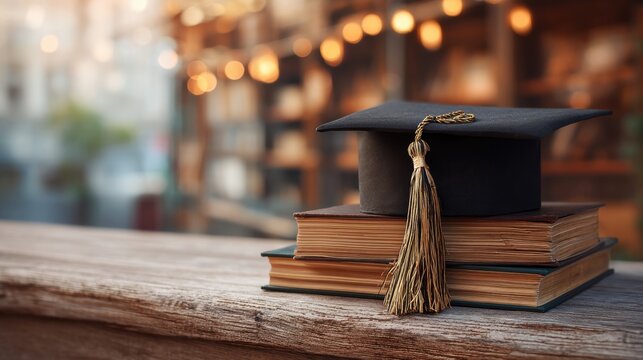 Black graduation cap with gold tassel on a stack of old books, symbolizing education, knowledge, and academic achievement for commencement day.