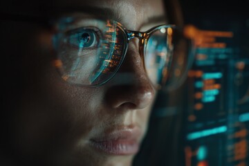 Woman analyzing data reflected in glasses