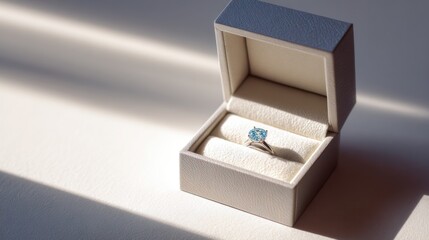 Ring in a Box: A delicate engagement ring, sparkling with a single gemstone, rests gracefully within a plush, open box. Illuminated by natural light. 